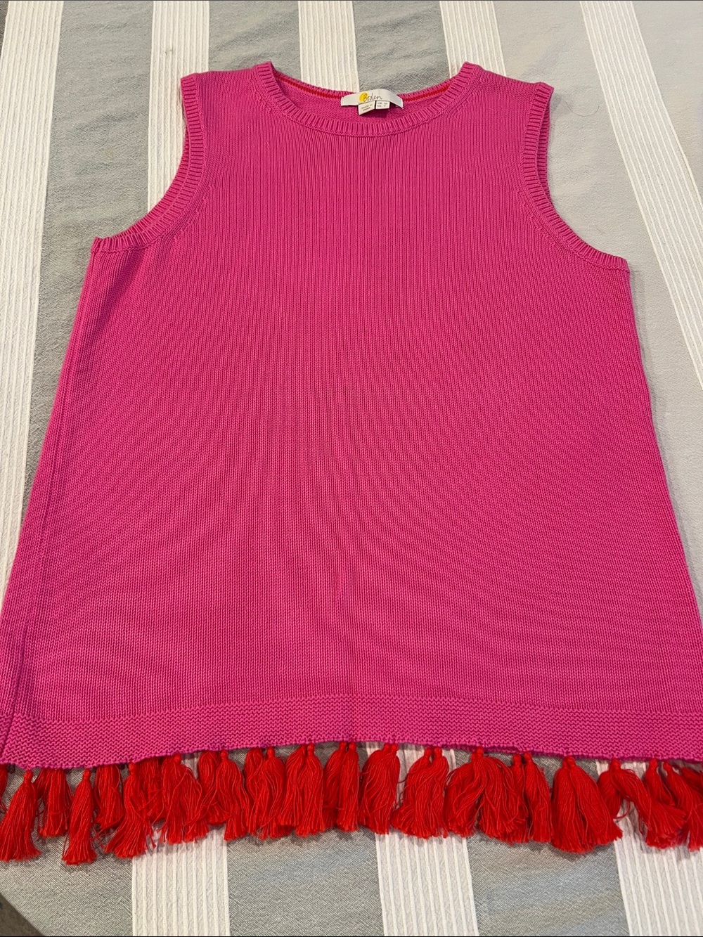 Boden Hot Pink Sleeveless Knit Tank with Red Tassel Hem